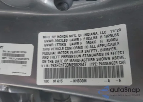2021 Honda Civic Ex from USA, damaged, VIN 19XFC1F33ME002847